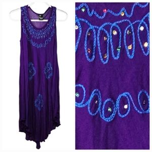 7 Islands Asymmetrical Embroidered Tank Dress Dark Purple Rhinestone Tropical OS